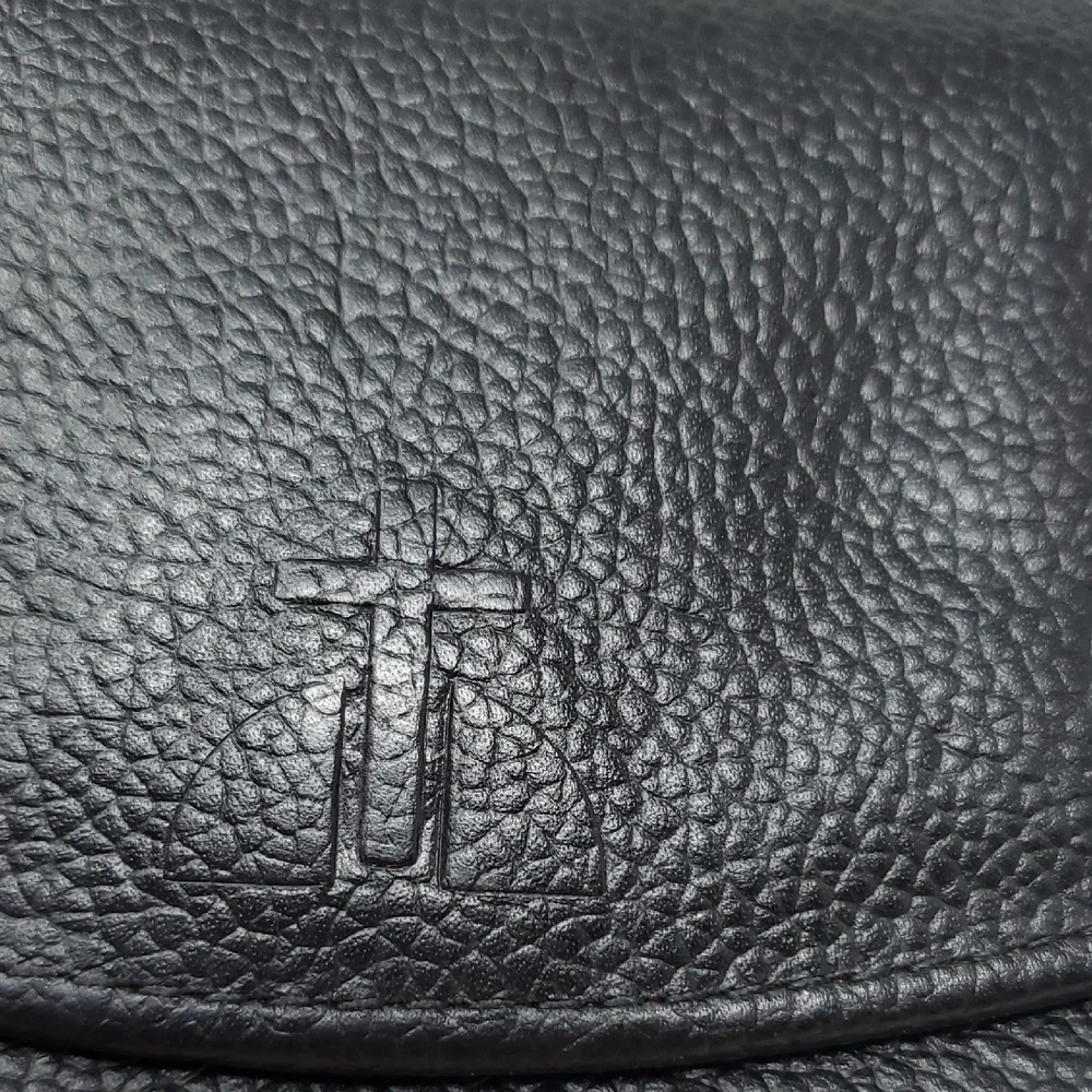 Black Leather Tri-fold Wallet With Cross Embrossed On Front